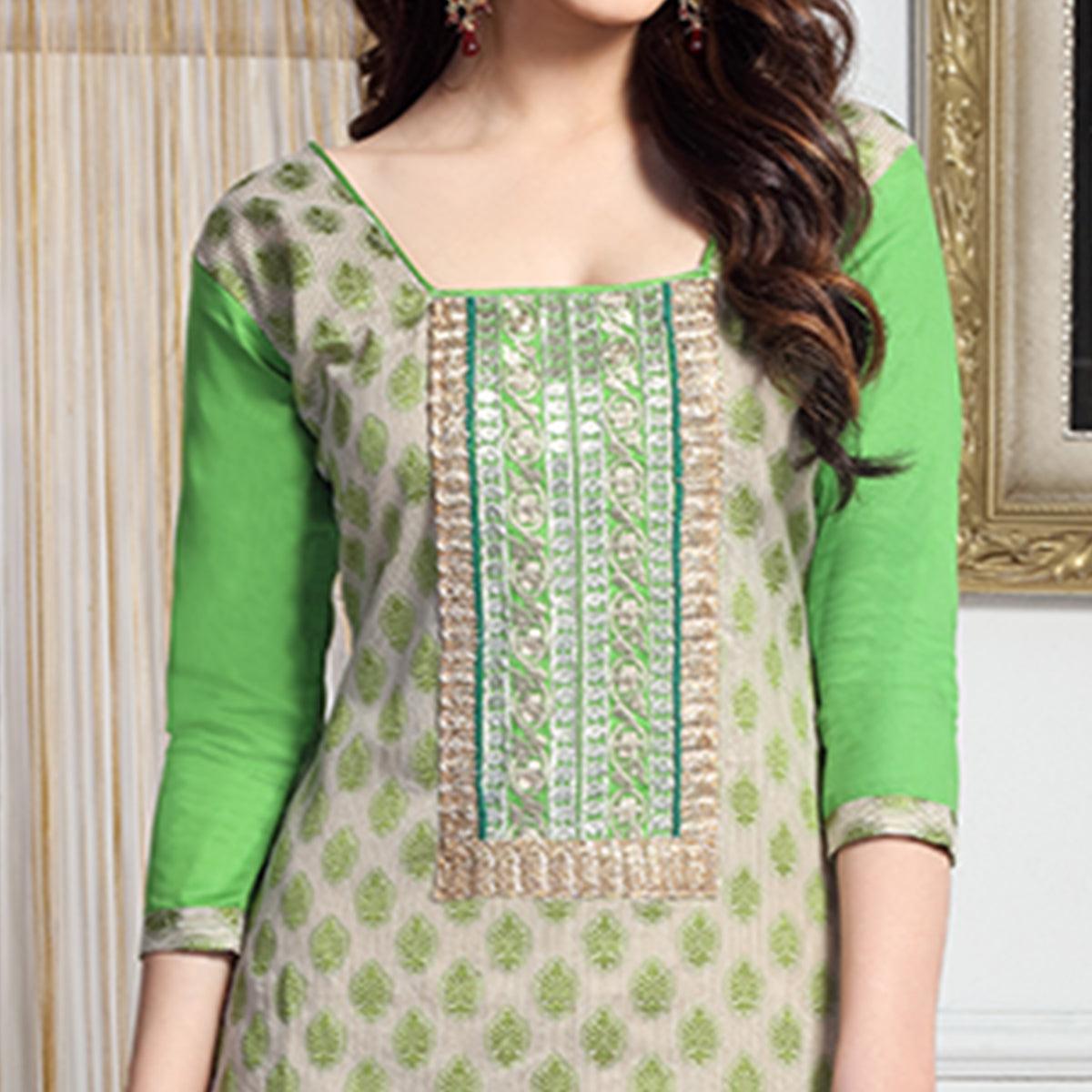 Alluring Beige - Green Colored Casual Wear Embroidered Cotton Dress Material - Peachmode