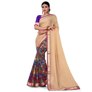 Alluring Beige-Multi Colored Party Wear Floral Printed Georgette half-half Saree - Peachmode