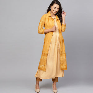Alluring Beige-Mustard Yellow Colored Partywear Cotton Kurti - Peachmode