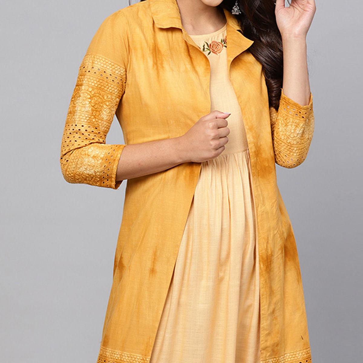 Alluring Beige-Mustard Yellow Colored Partywear Cotton Kurti - Peachmode