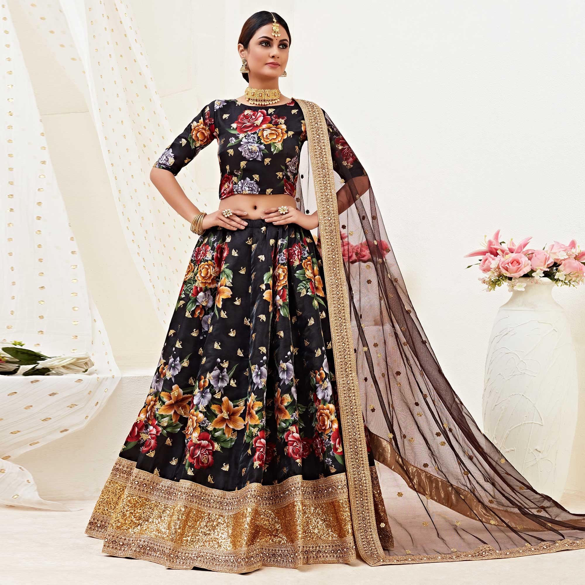 Alluring Black Colored Designer Wedding Wear Floral Printed Banglori Satin Lehenga Choli - Peachmode