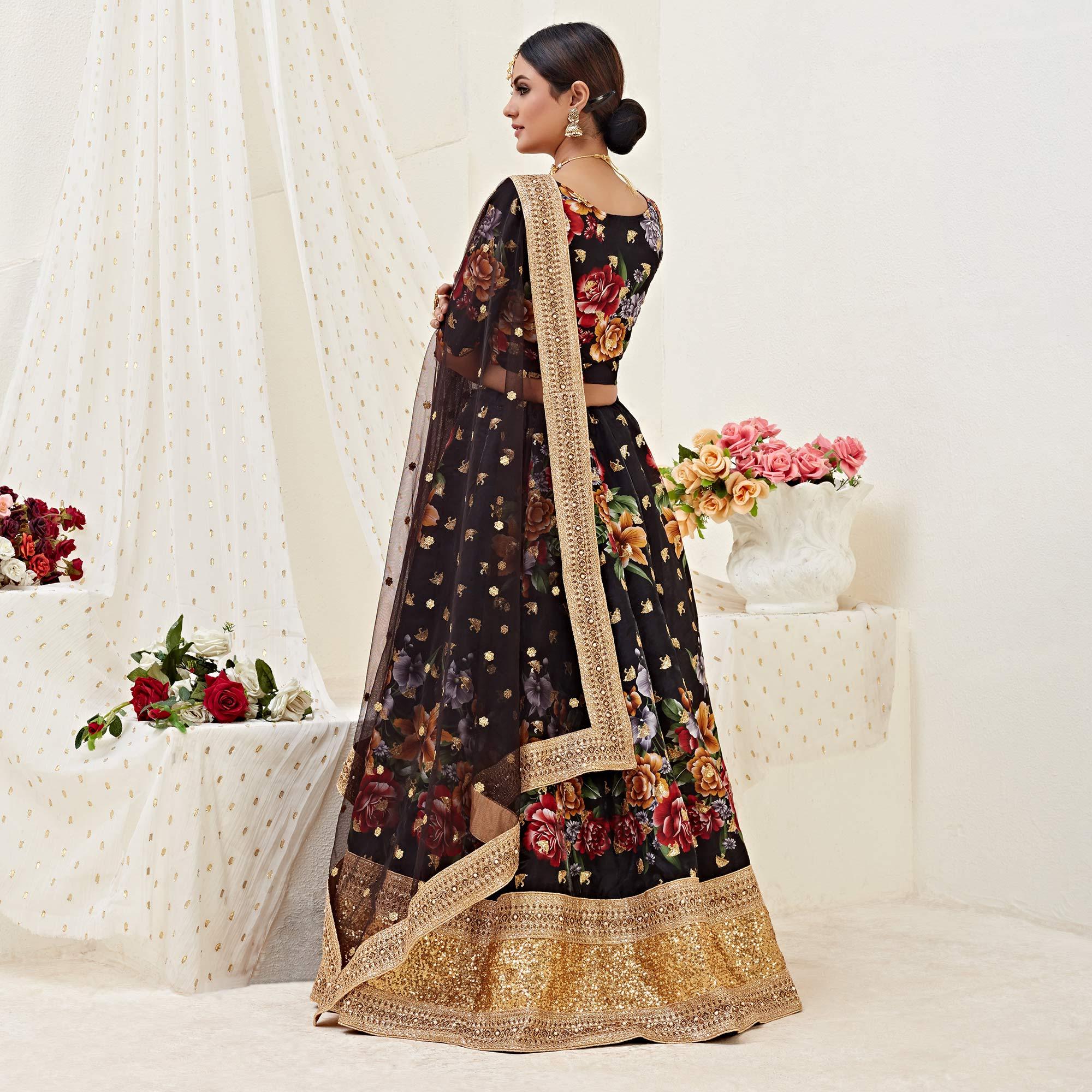 Alluring Black Colored Designer Wedding Wear Floral Printed Banglori Satin Lehenga Choli - Peachmode