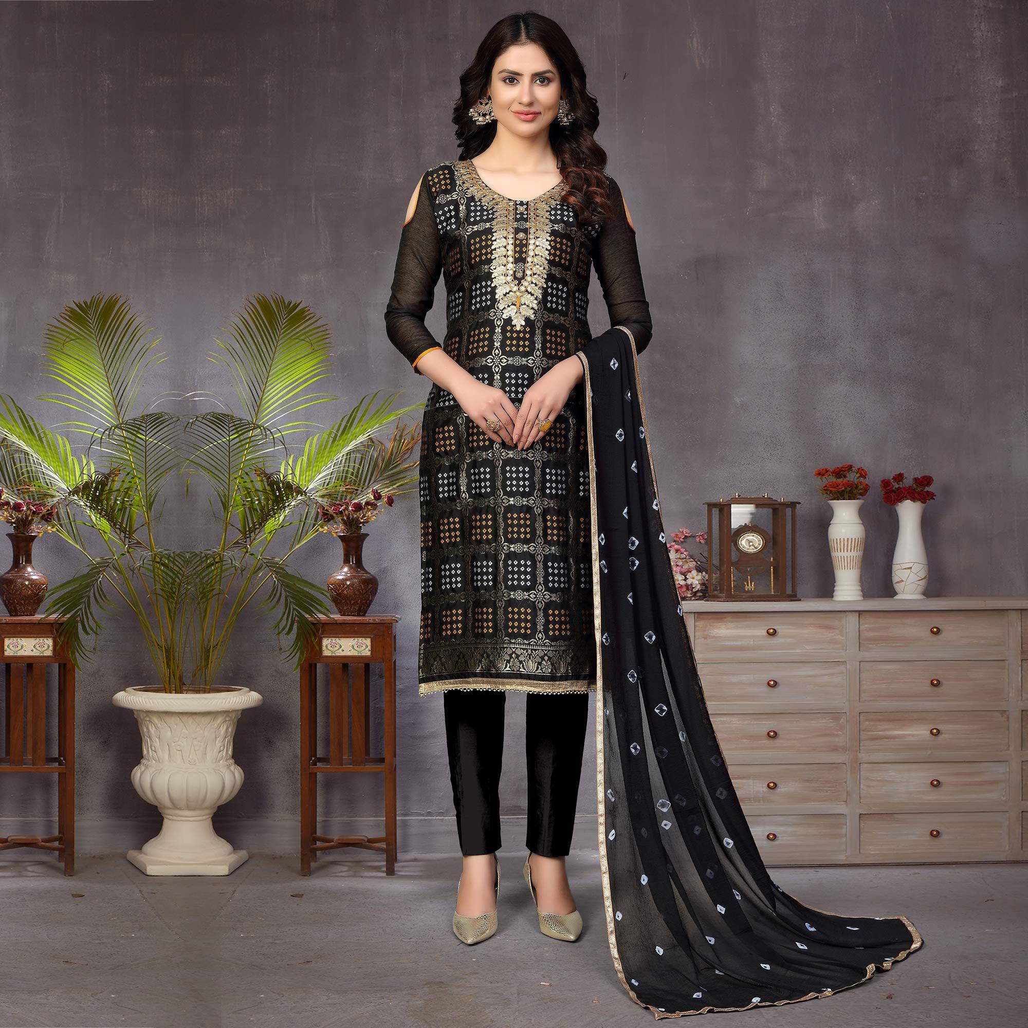 Alluring Black Colored Festive Wear Woven Heavy Banarasi Silk Dress Material - Peachmode
