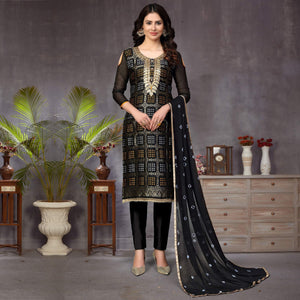 Alluring Black Colored Festive Wear Woven Heavy Banarasi Silk Dress Material - Peachmode