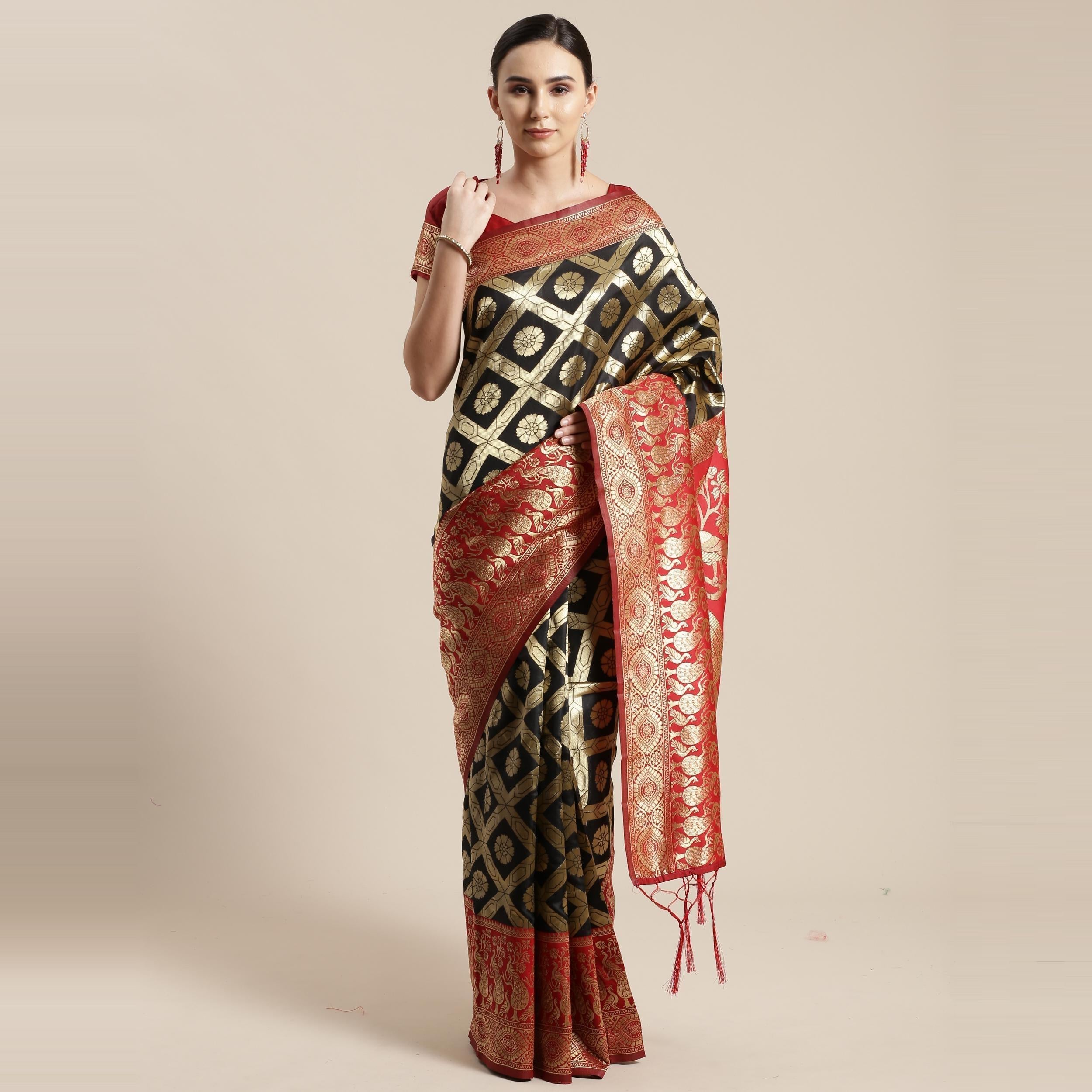 Alluring Black Colored Festive Wear Woven Silk Belnd Saree With Tassels - Peachmode
