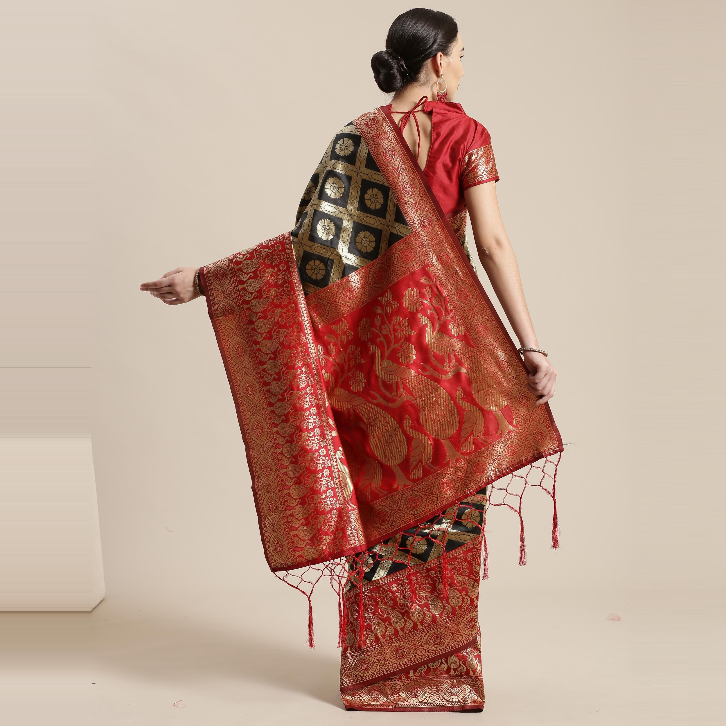 Alluring Black Colored Festive Wear Woven Silk Belnd Saree With Tassels - Peachmode