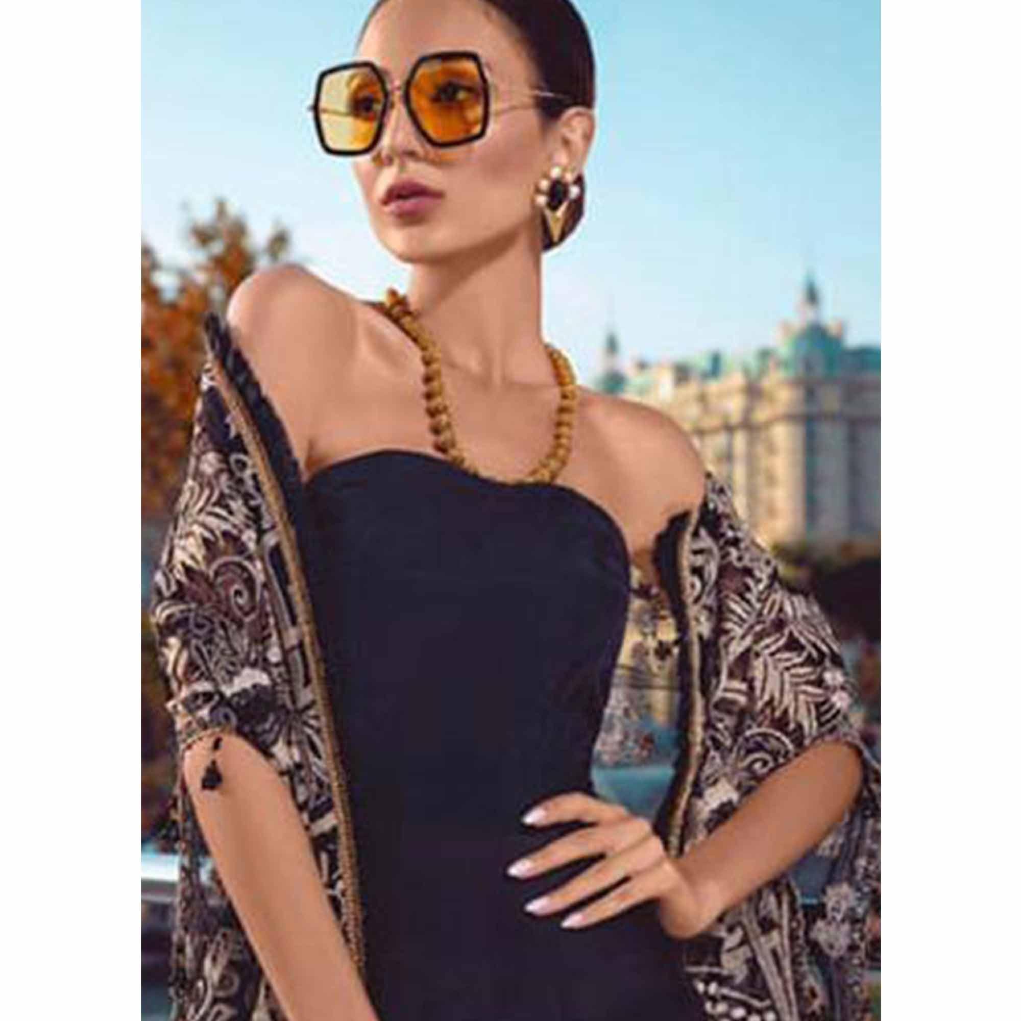 Alluring Black Colored Partywear Embroidered Net Jacket Style Palazzo Suit - Peachmode