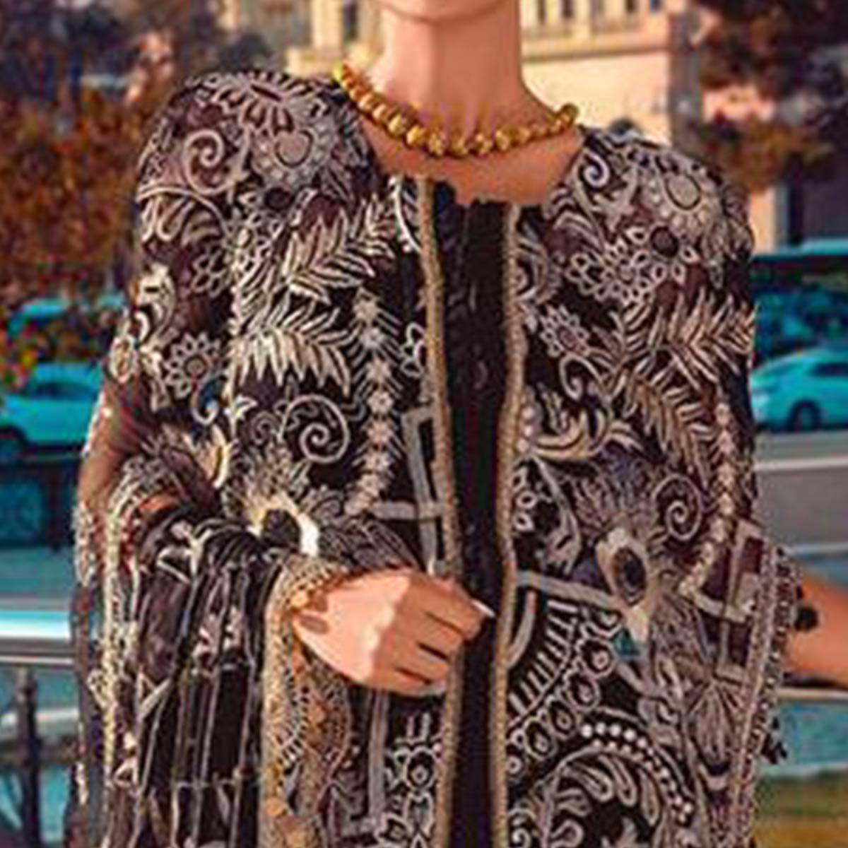 Alluring Black Colored Partywear Embroidered Net Jacket Style Palazzo Suit - Peachmode