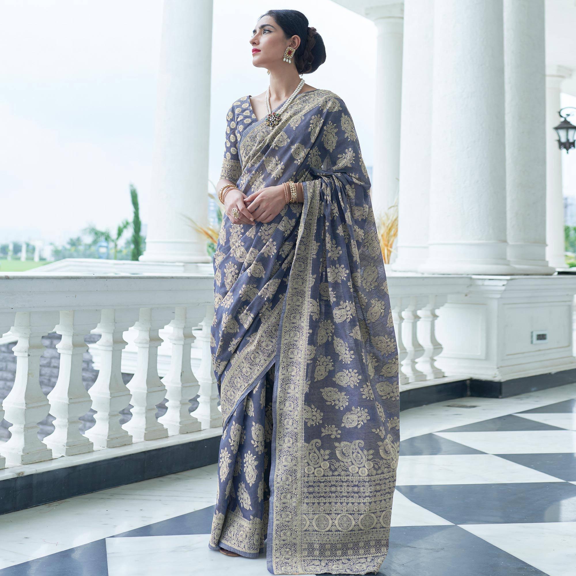Alluring Blue Colored Festive Wear Woven Chanderi Saree - Peachmode