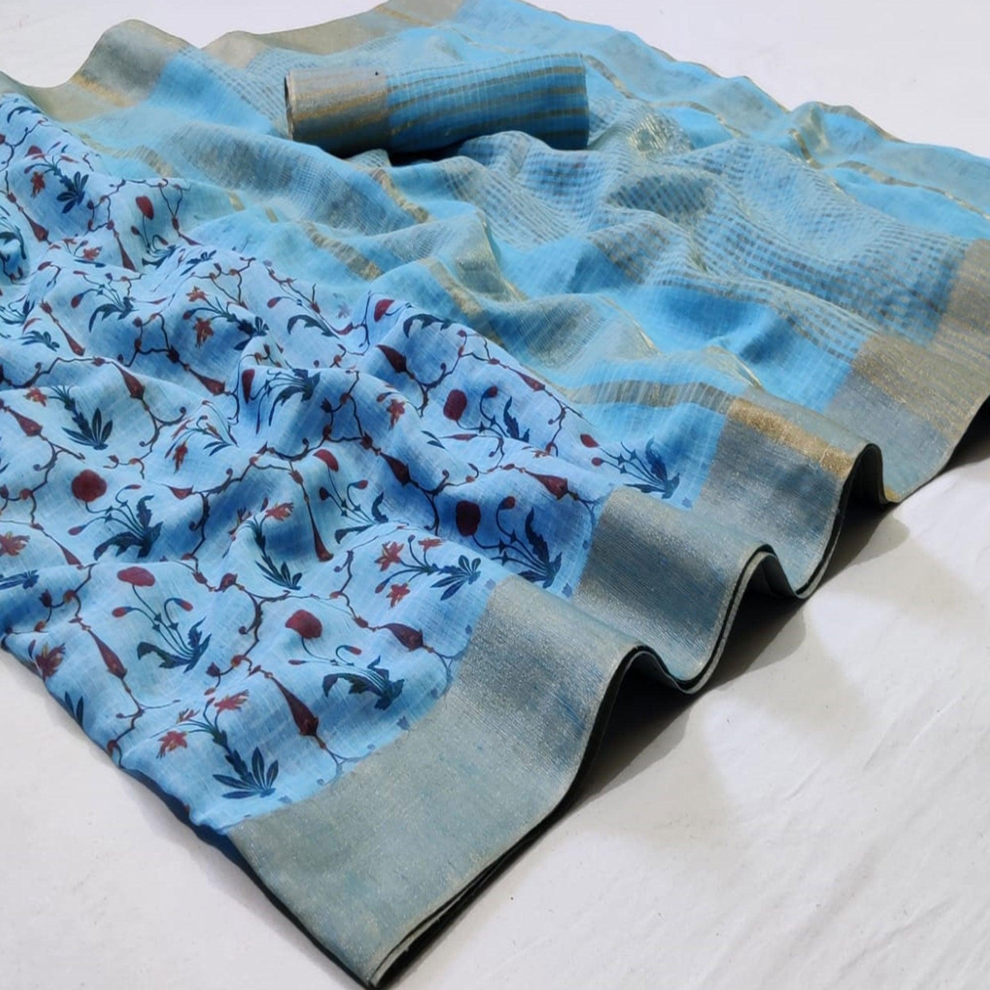 Alluring Blue Colored Festive Wear Woven Linen Saree - Peachmode