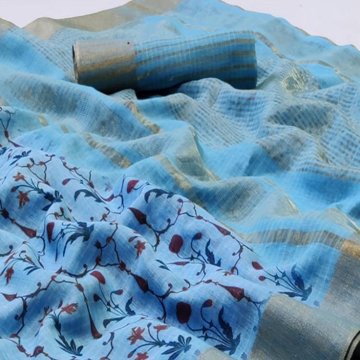 Alluring Blue Colored Festive Wear Woven Linen Saree - Peachmode