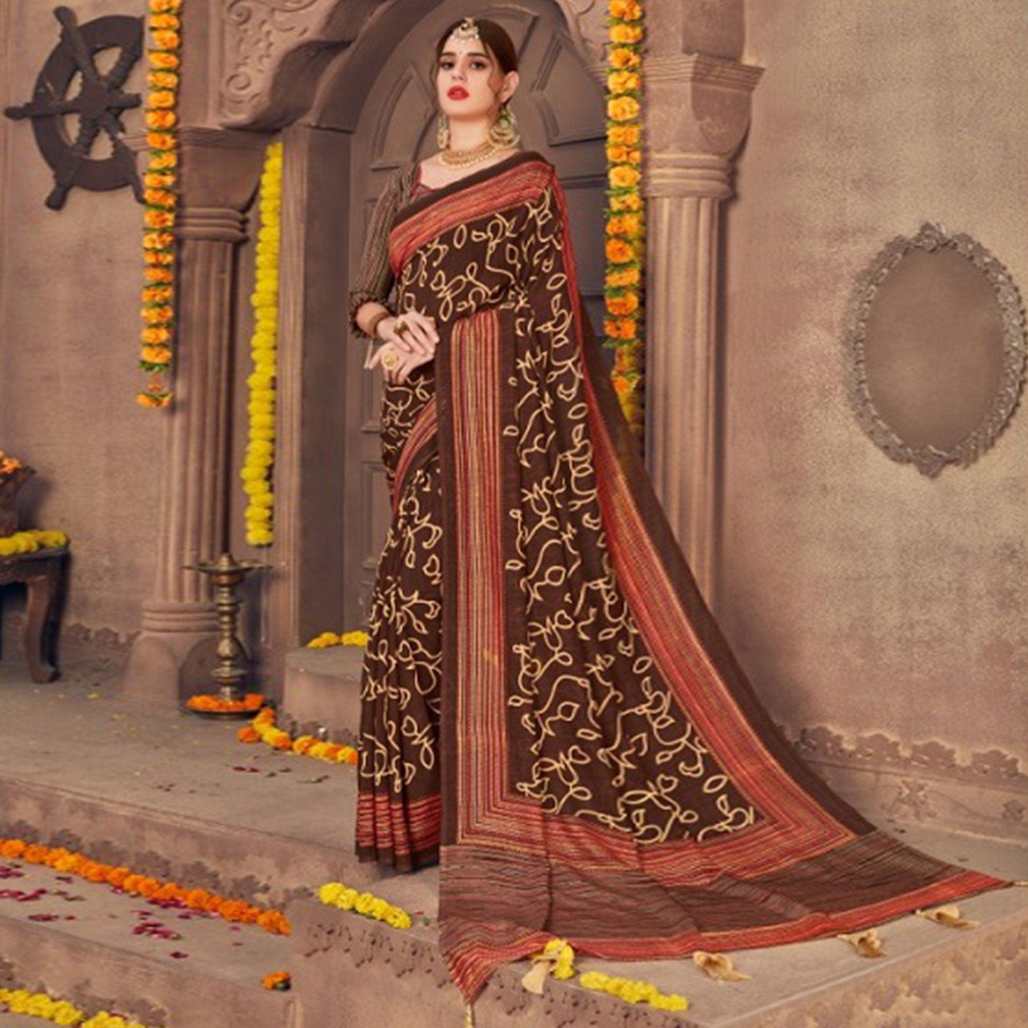 Alluring Brown Colored Festive Wear Printed Georgette Saree With Tassels - Peachmode