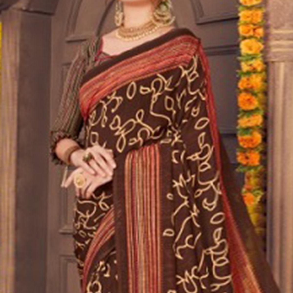 Alluring Brown Colored Festive Wear Printed Georgette Saree With Tassels - Peachmode