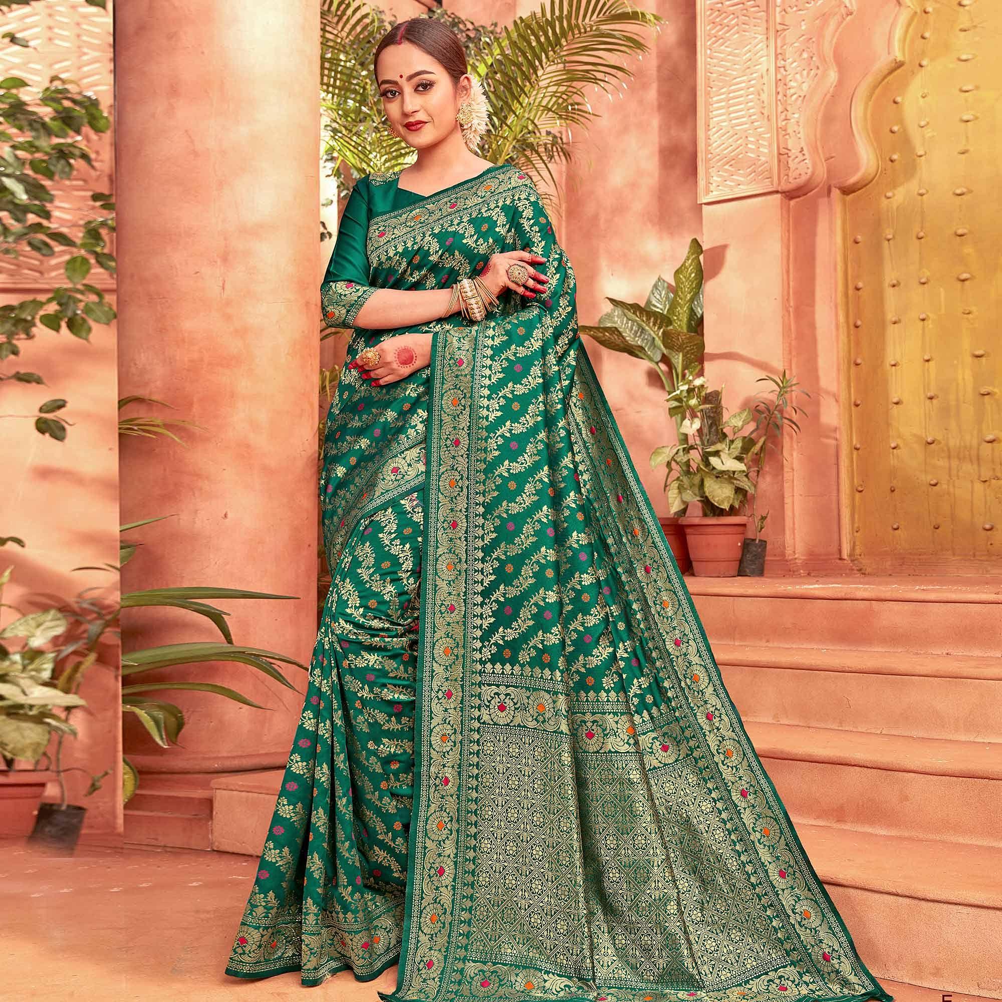 Alluring Green Colored Festive Wear Woven Designer Silk Saree - Peachmode