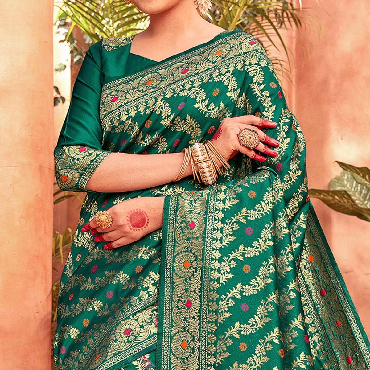 Alluring Green Colored Festive Wear Woven Designer Silk Saree - Peachmode