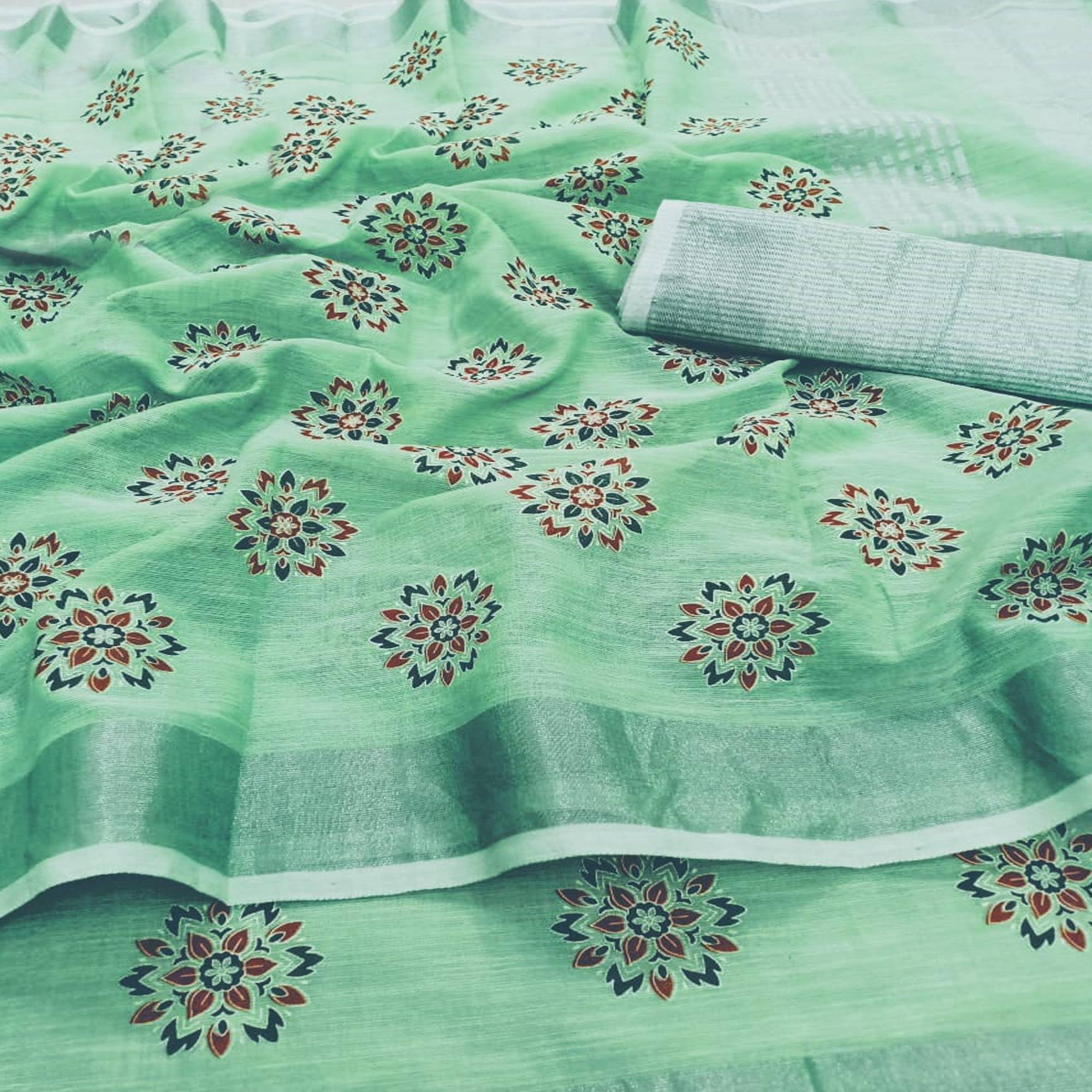 Alluring Green Colored Partywear Block Printed Pure Linen Saree - Peachmode