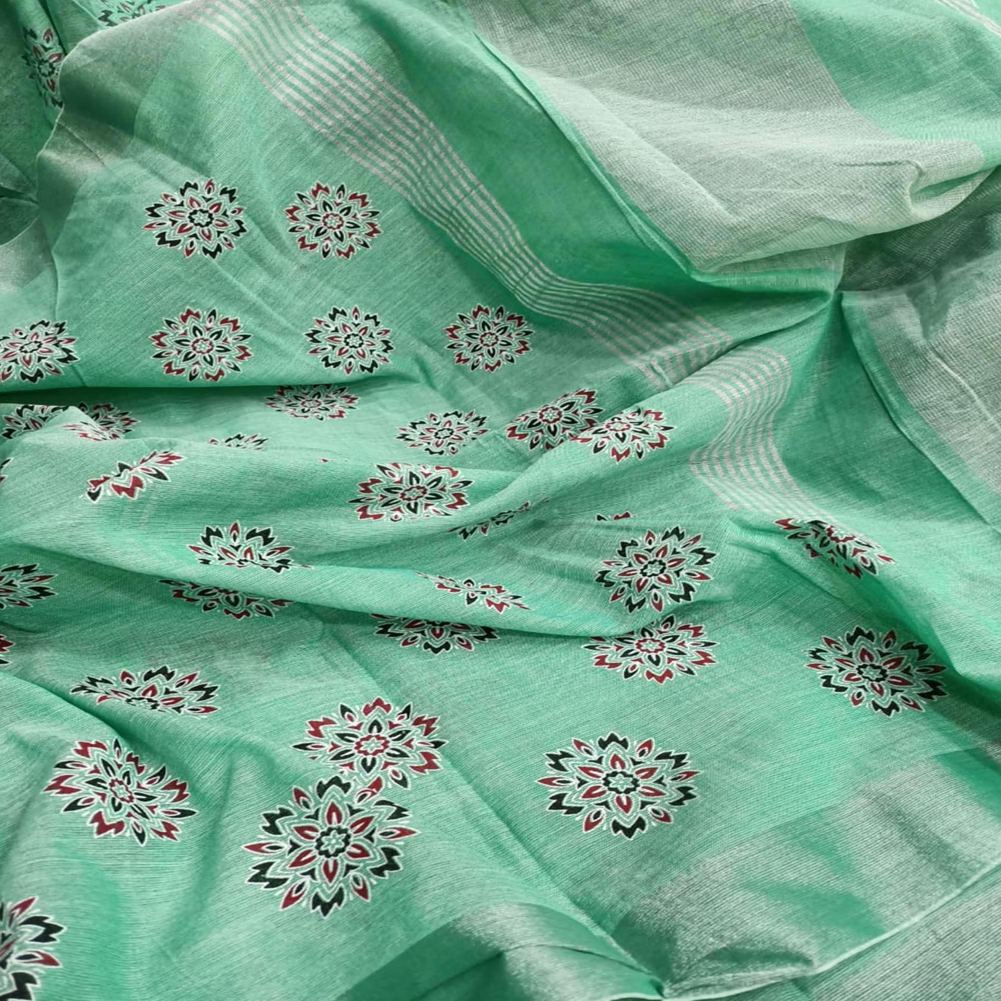 Alluring Green Colored Partywear Block Printed Pure Linen Saree - Peachmode