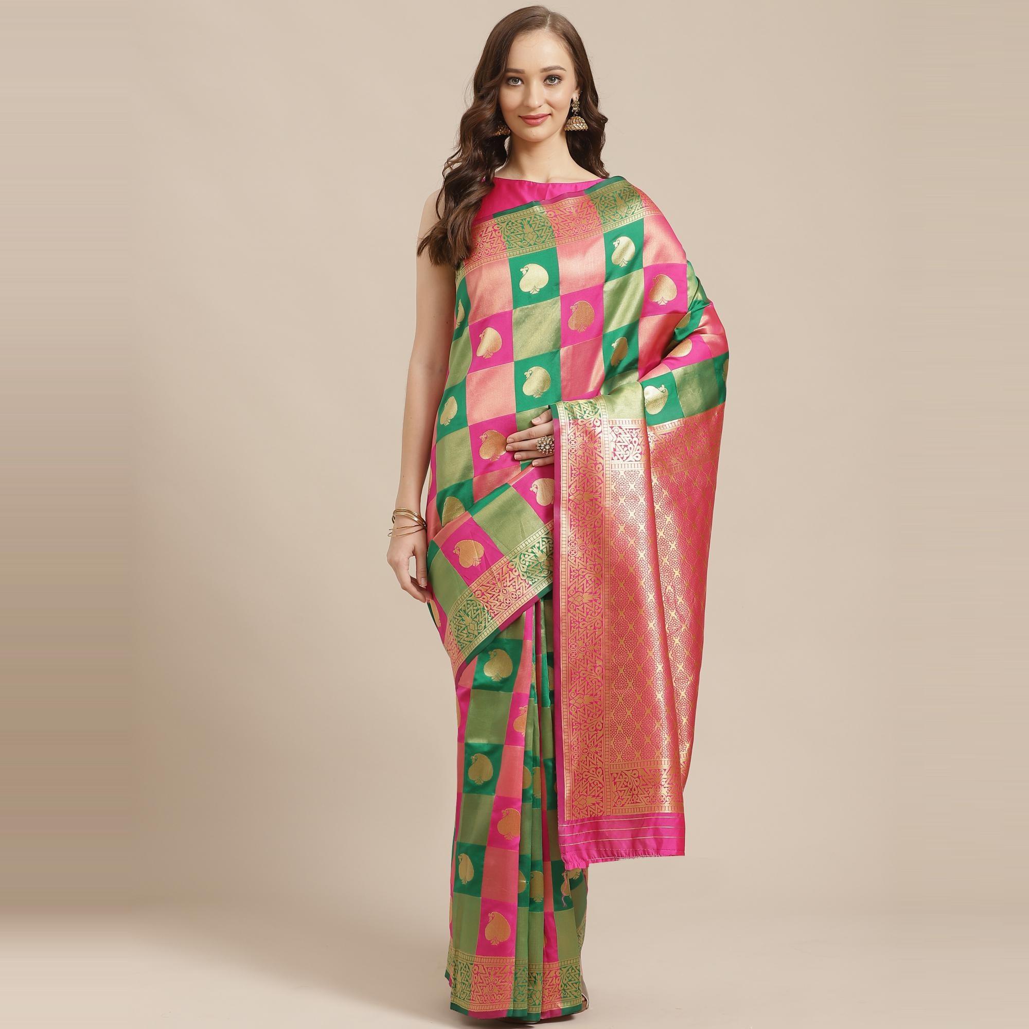 Alluring Green - Pink Colored Festive Wear Woven Silk Blend Saree - Peachmode