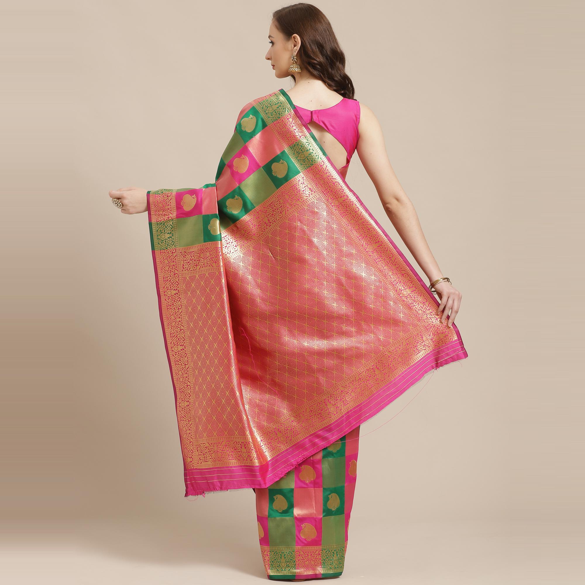 Alluring Green - Pink Colored Festive Wear Woven Silk Blend Saree - Peachmode