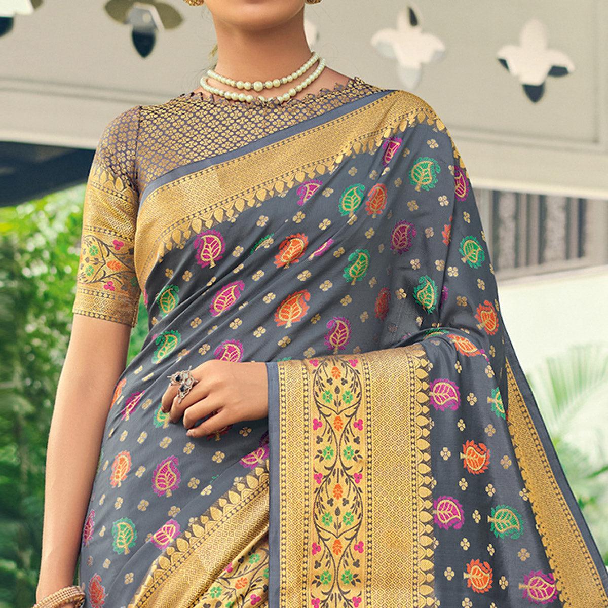 Alluring Grey Colored Festive Wear Woven Heavy Banarasi Silk Saree - Peachmode