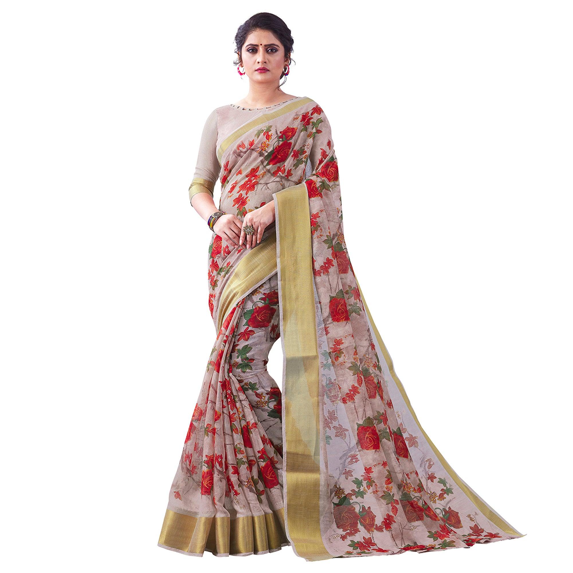 Alluring Light Brown Colored Partywear Digital Printed Linen Saree - Peachmode