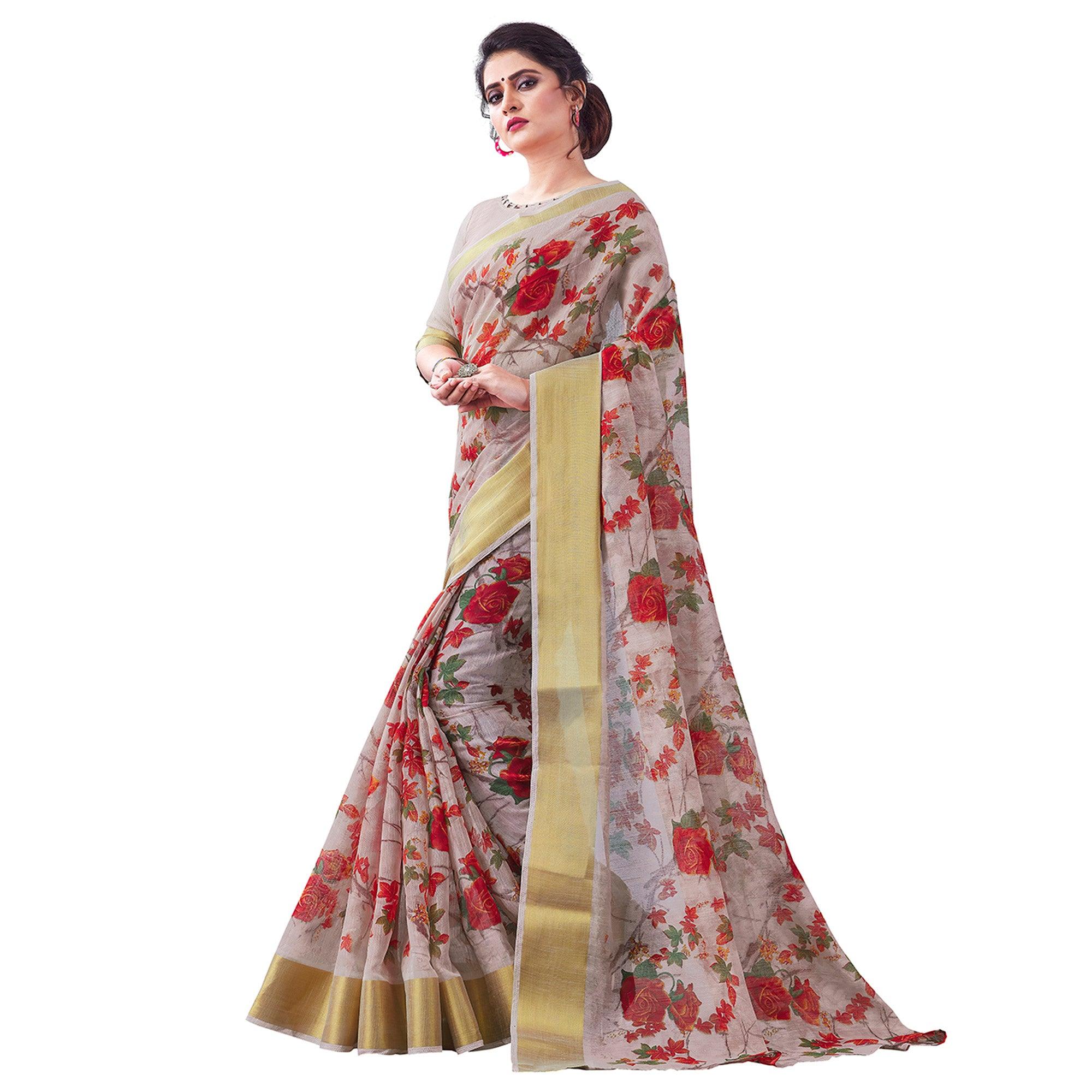 Alluring Light Brown Colored Partywear Digital Printed Linen Saree - Peachmode