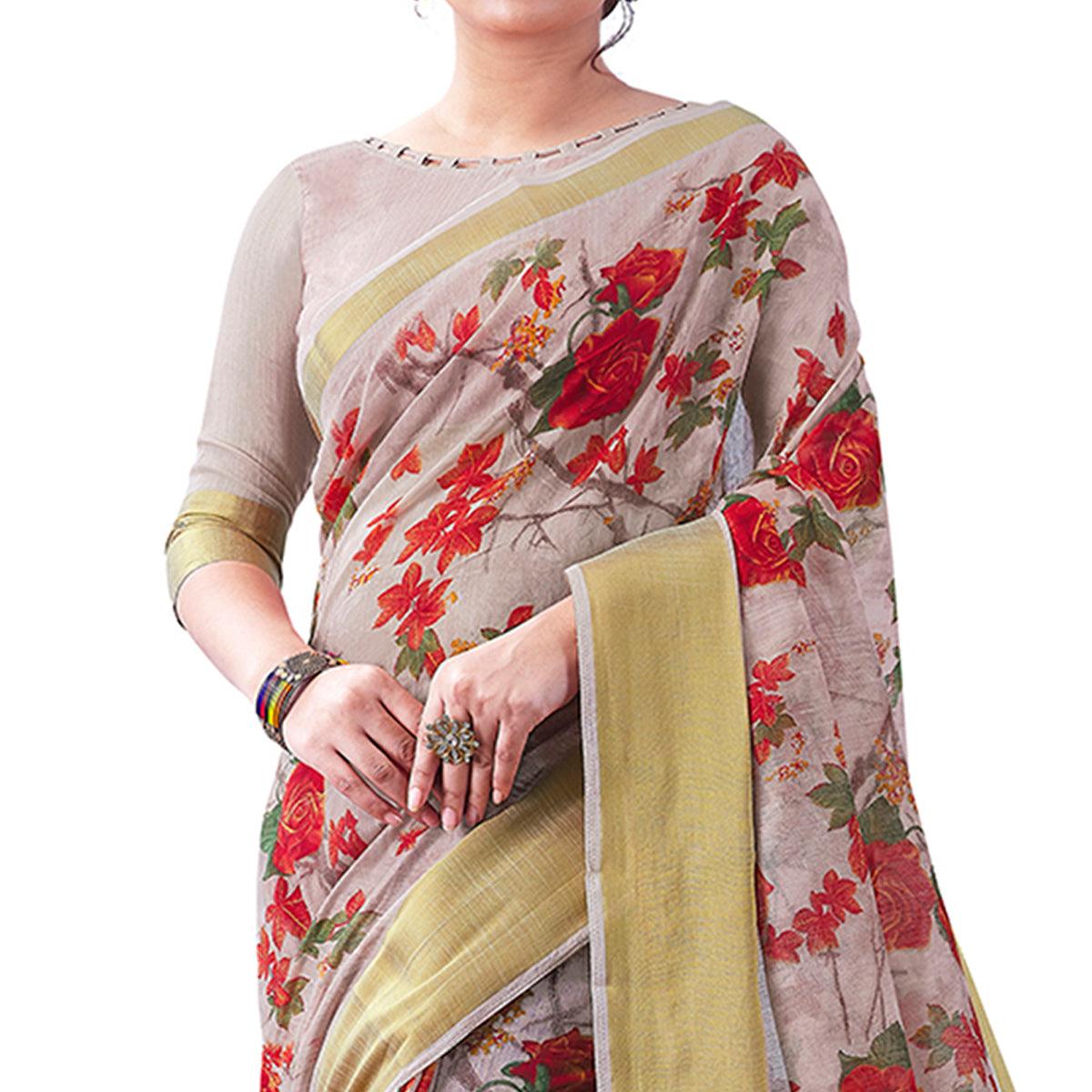Alluring Light Brown Colored Partywear Digital Printed Linen Saree - Peachmode