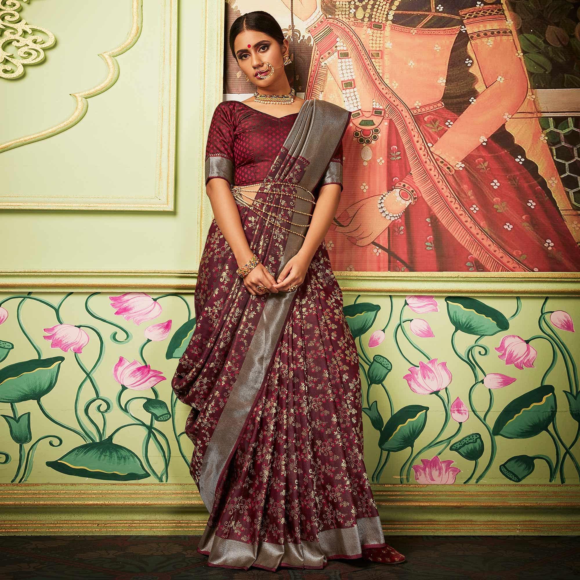 Alluring Maroon Colored Festive Wear Woven Banarasi Silk Saree - Peachmode