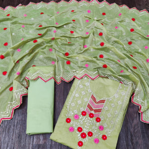 Alluring Mehendi Green Colored Casual Wear Embroidered Chanderi Dress Material - Peachmode