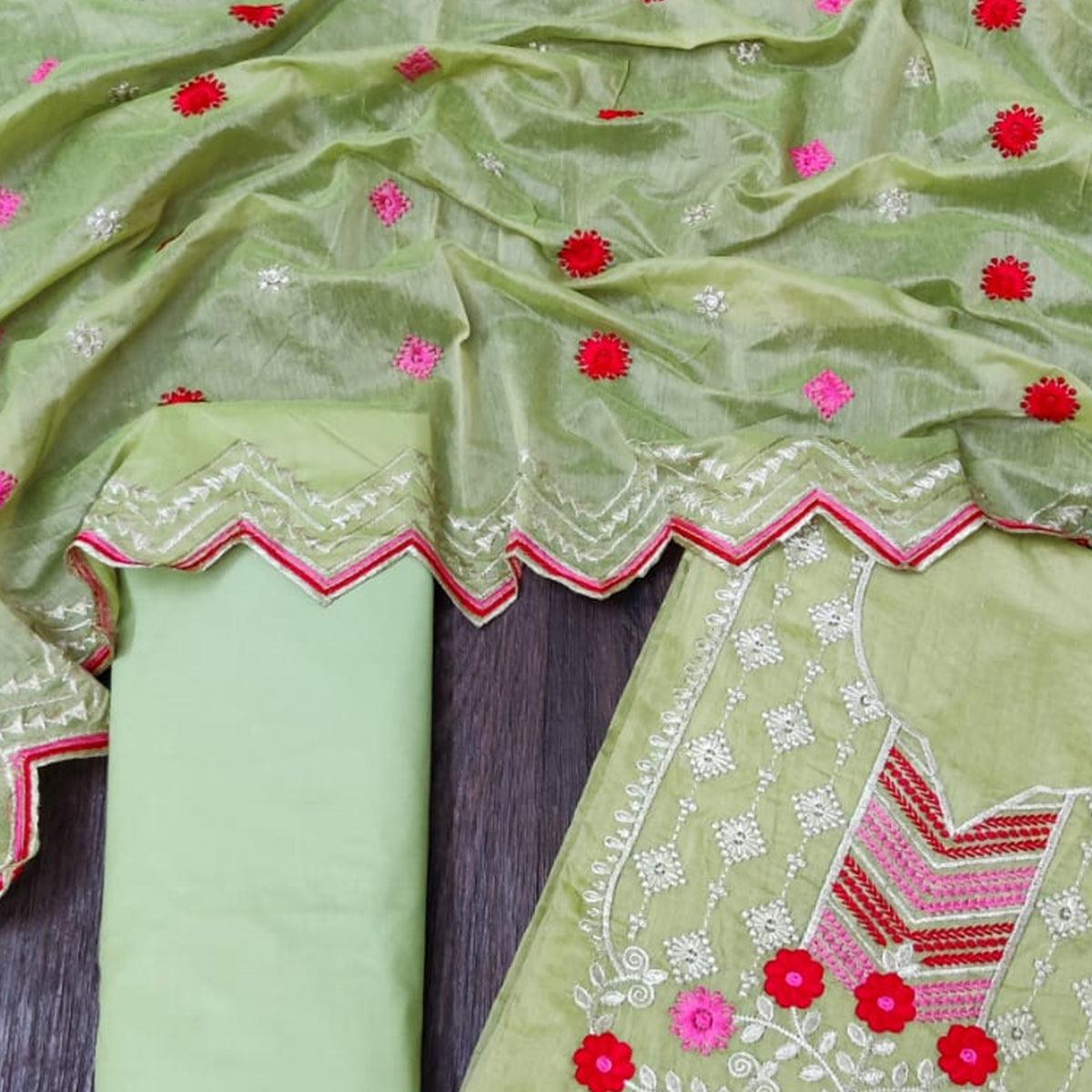 Alluring Mehendi Green Colored Casual Wear Embroidered Chanderi Dress Material - Peachmode