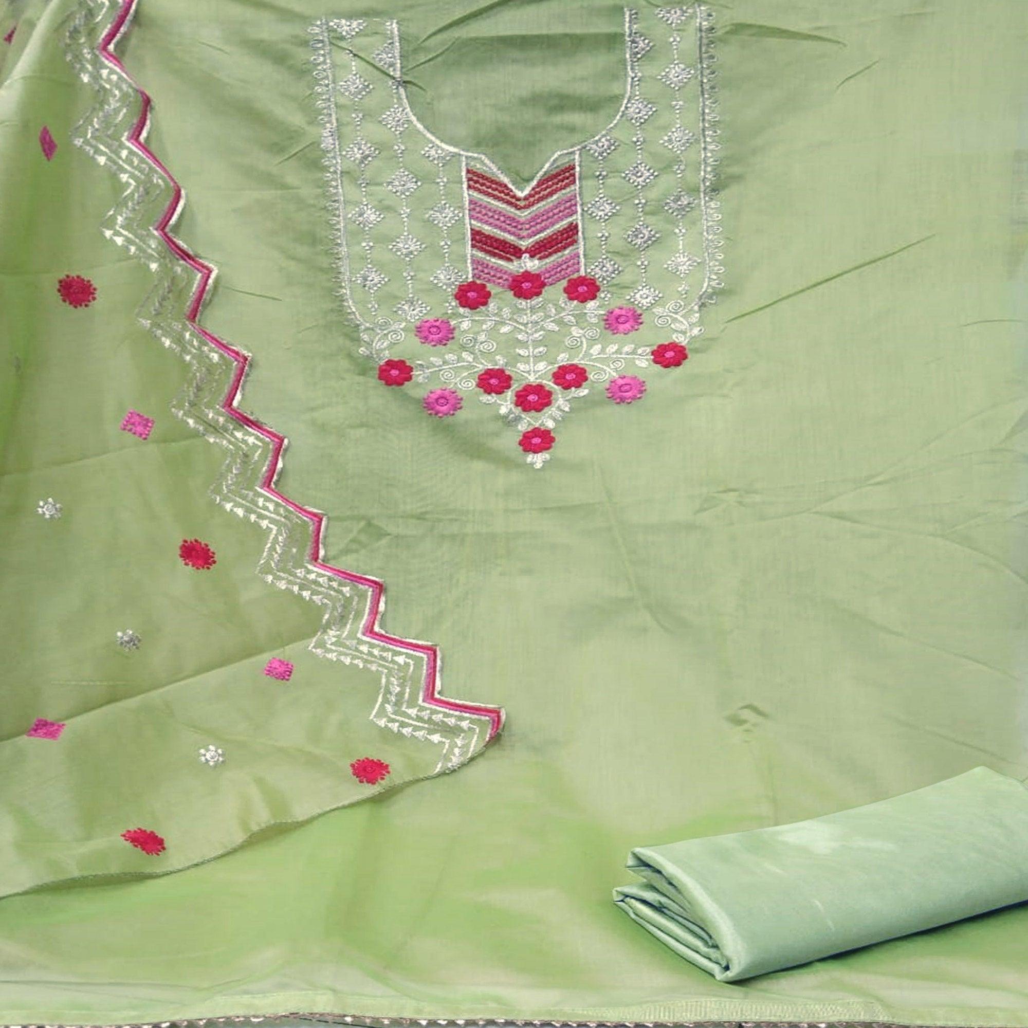 Alluring Mehendi Green Colored Casual Wear Embroidered Chanderi Dress Material - Peachmode