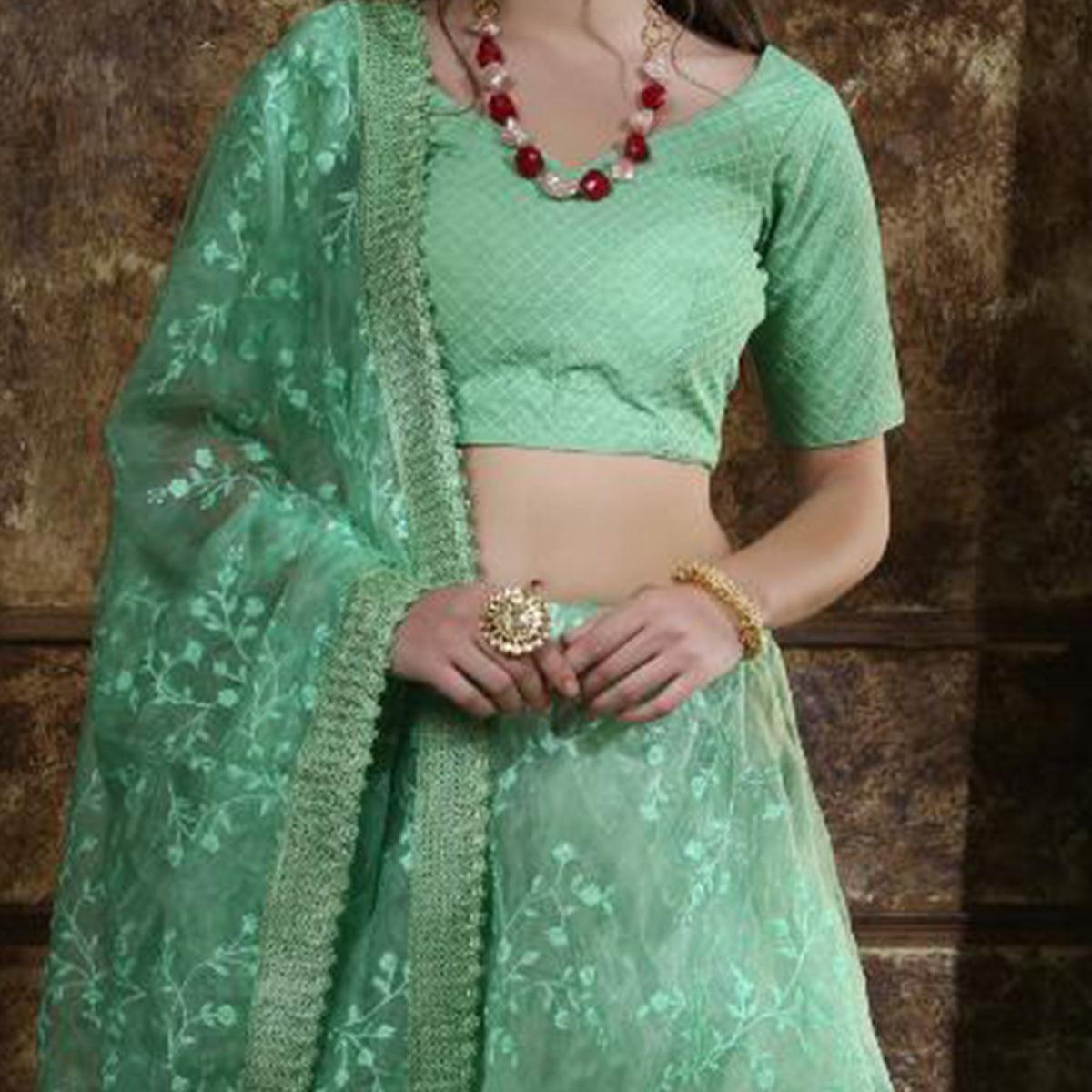 Alluring Mint Green Colored Party Wear Embrodiered Organza Lehenga Choli - Peachmode