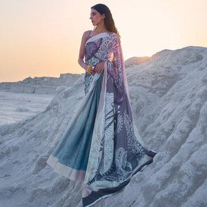 Alluring Multi Colored Partywear Digital Printed Japan Satin Crepe Saree - Peachmode