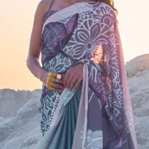 Alluring Multi Colored Partywear Digital Printed Japan Satin Crepe Saree - Peachmode