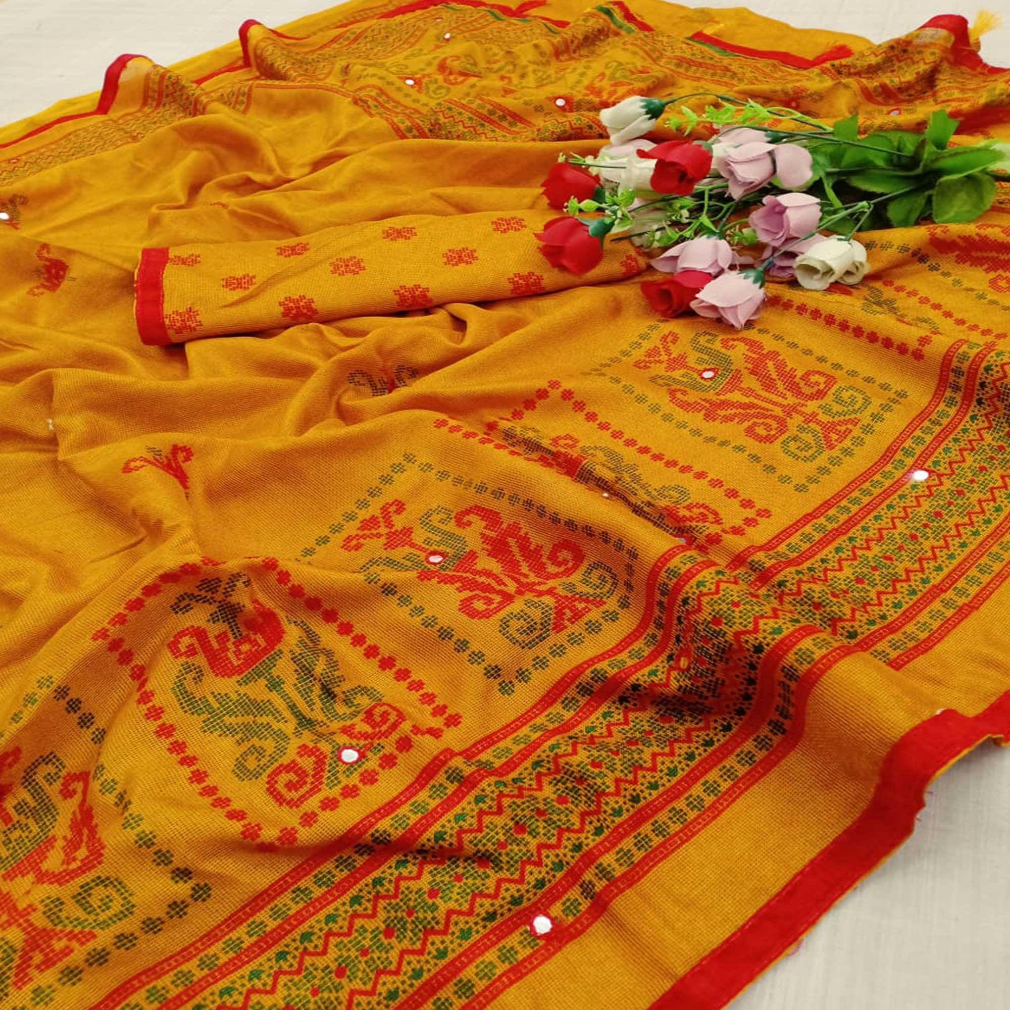 Alluring Mustard Coloured Casual Wear Printed Cotton Jute Saree - Peachmode
