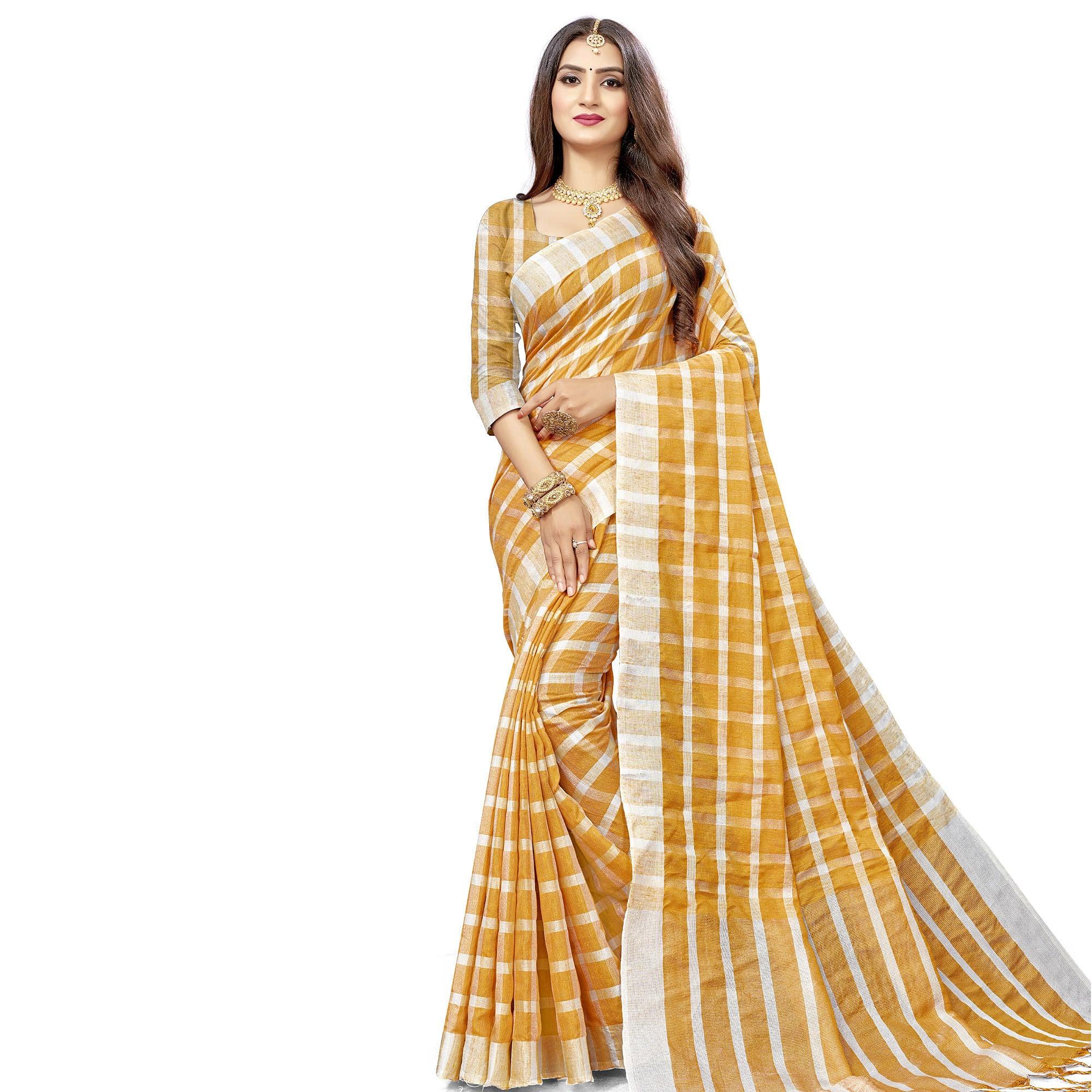 Alluring Mustard Yellow Colored Fesive Wear Checks Print Cotton Silk Saree With Tassels - Peachmode