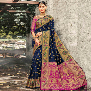 Alluring Navy Blue Coloured Woven Festive Wear Banarasi Silk Saree - Peachmode