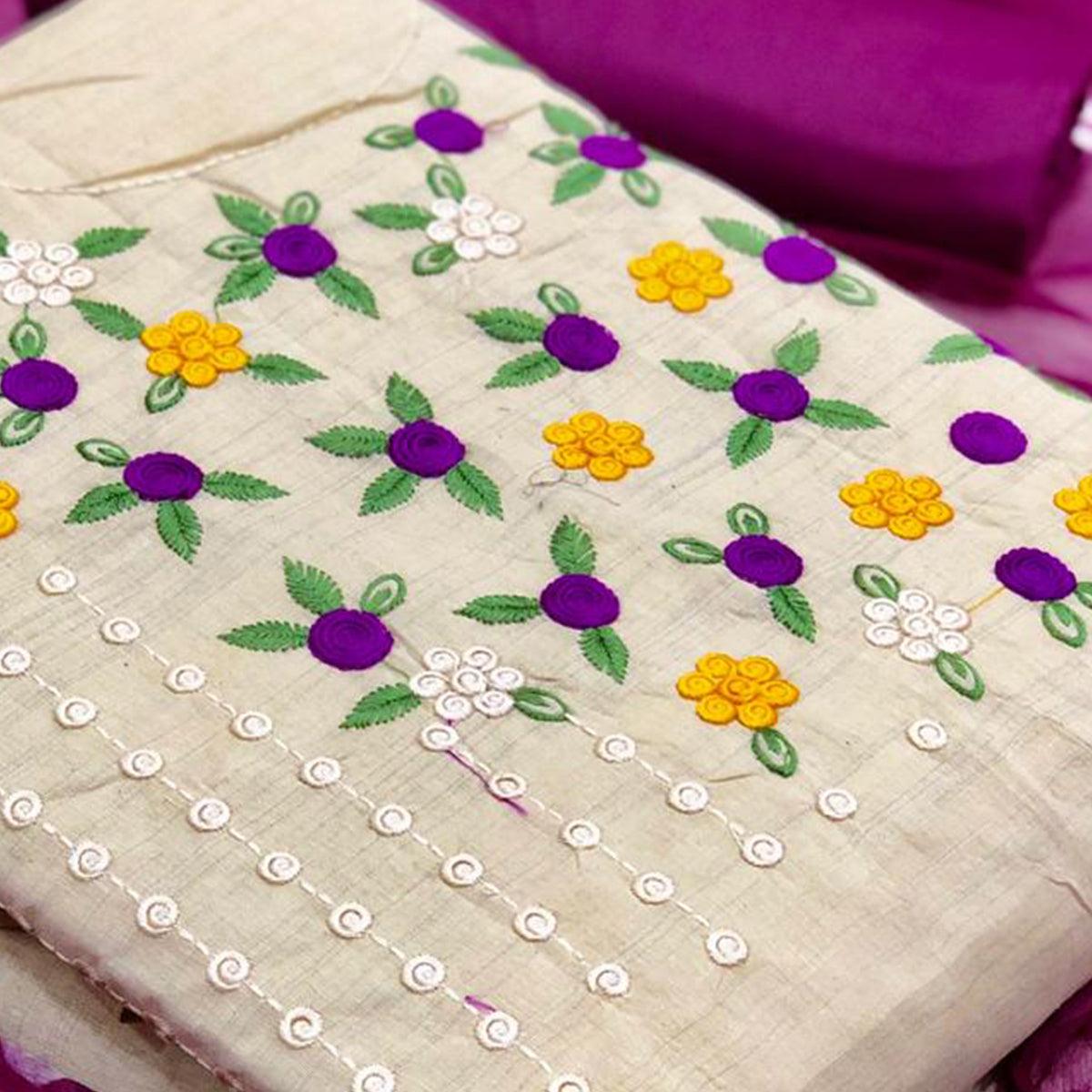 Alluring Offwhite - Wine Colored Casual Wear Embroidered Cotton Dress Material - Peachmode