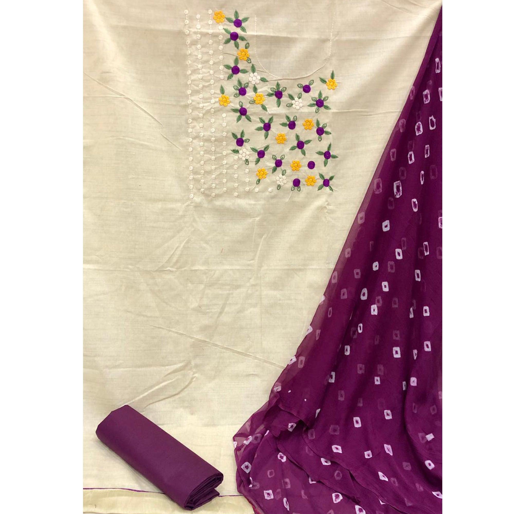 Alluring Offwhite - Wine Colored Casual Wear Embroidered Cotton Dress Material - Peachmode