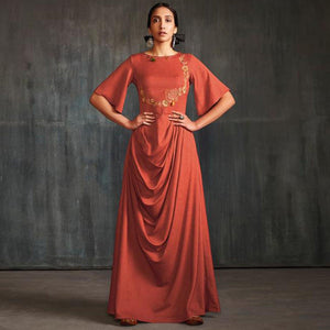Alluring Orange Colored Partywear Embroidered Viscose-Silk Long Kurti - Peachmode