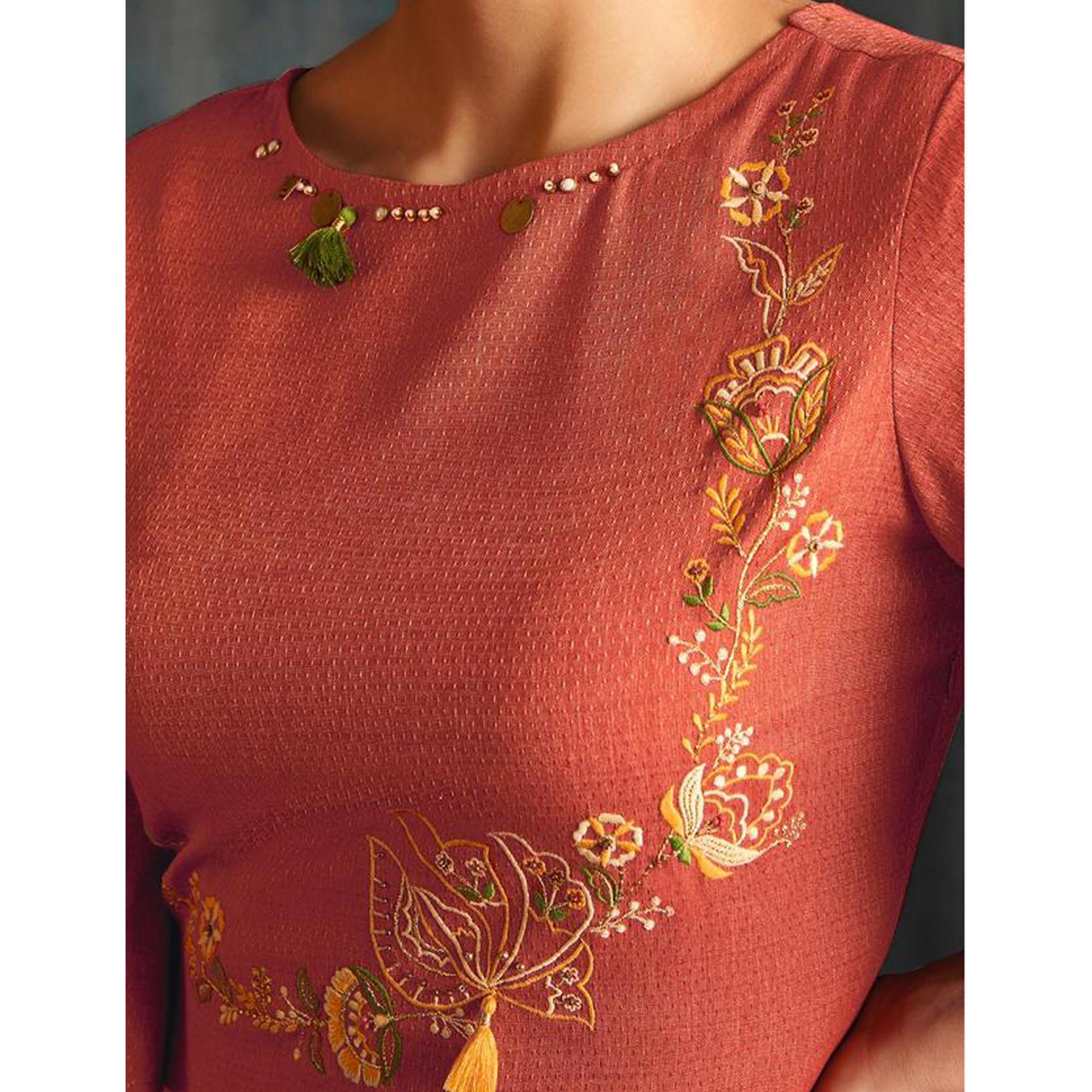 Alluring Orange Colored Partywear Embroidered Viscose-Silk Long Kurti - Peachmode
