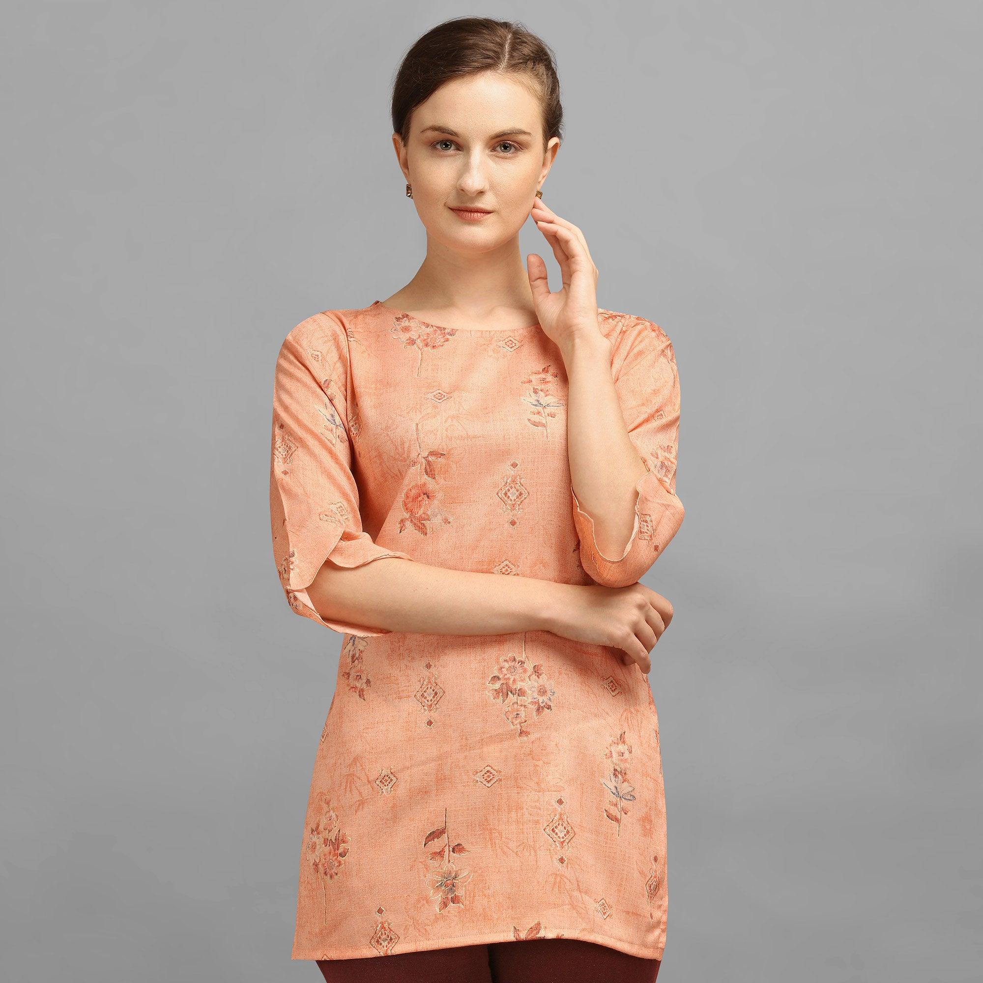 Alluring Peach Colored Casual Wear Foil Printed Rayon Top - Peachmode
