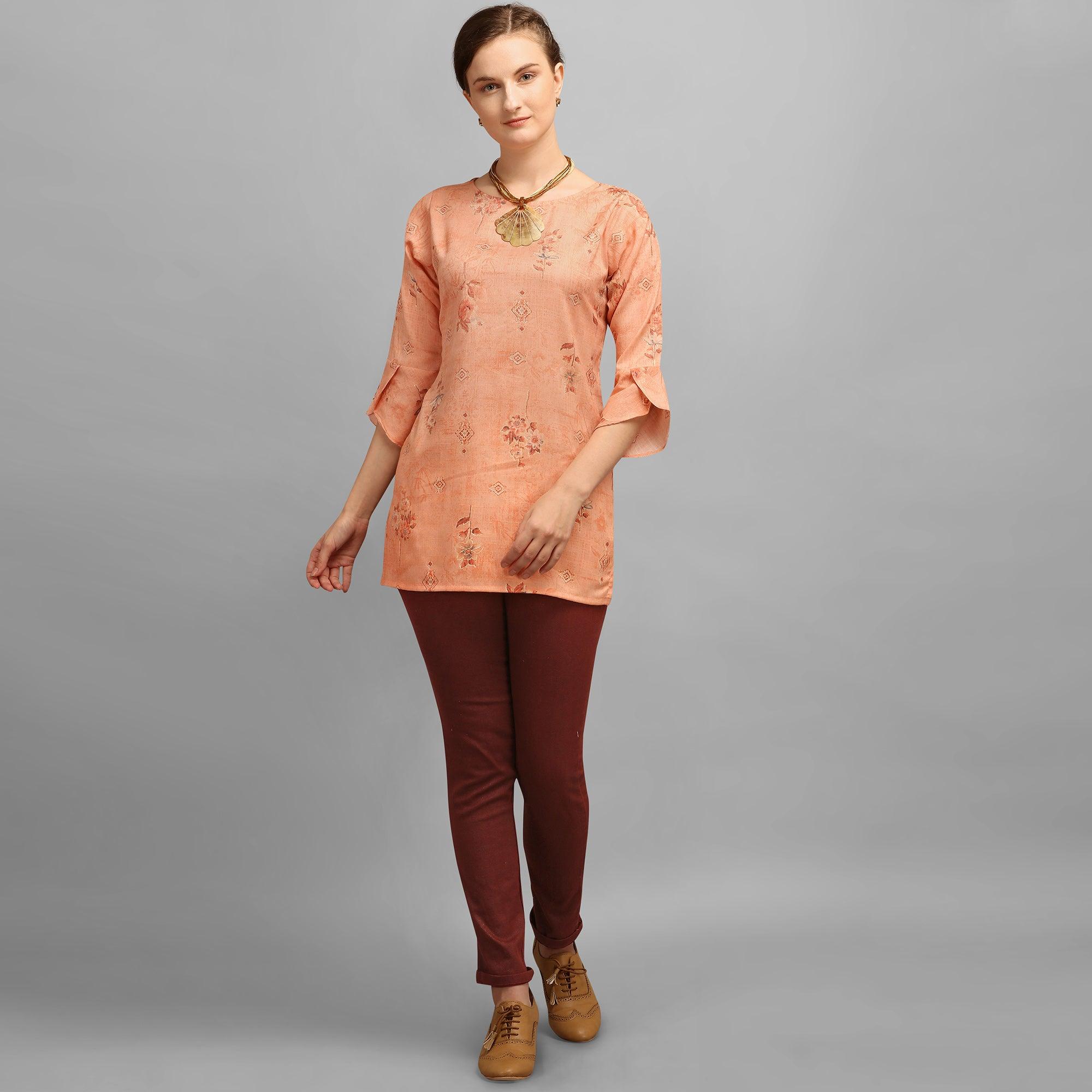 Alluring Peach Colored Casual Wear Foil Printed Rayon Top - Peachmode