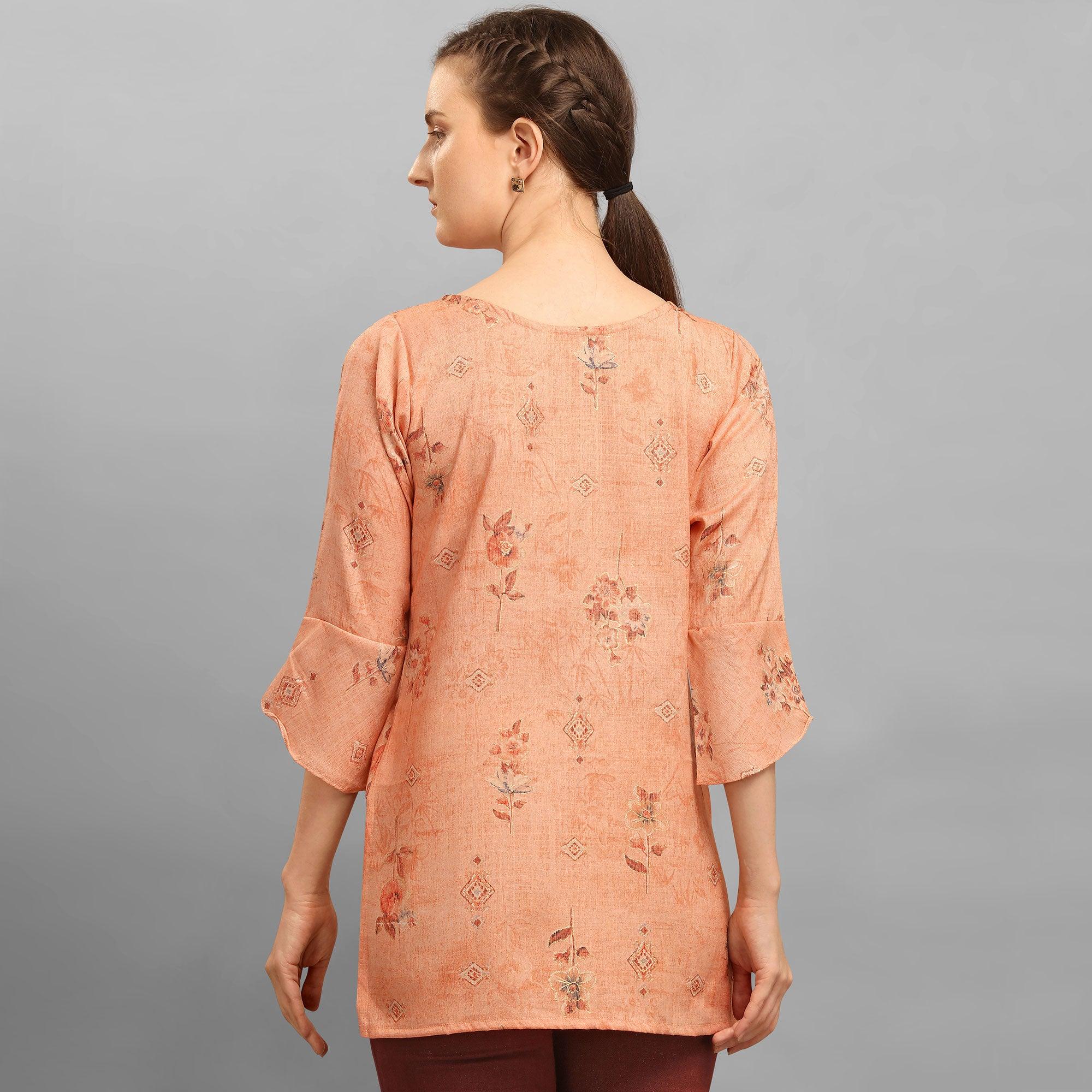 Alluring Peach Colored Casual Wear Foil Printed Rayon Top - Peachmode