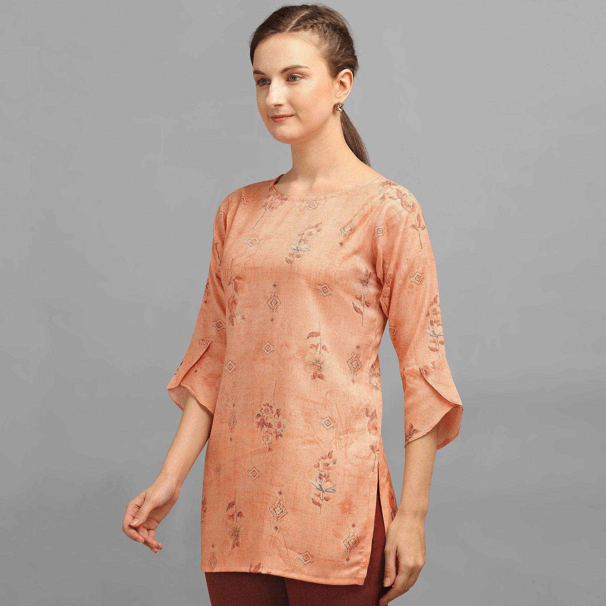 Alluring Peach Colored Casual Wear Foil Printed Rayon Top - Peachmode