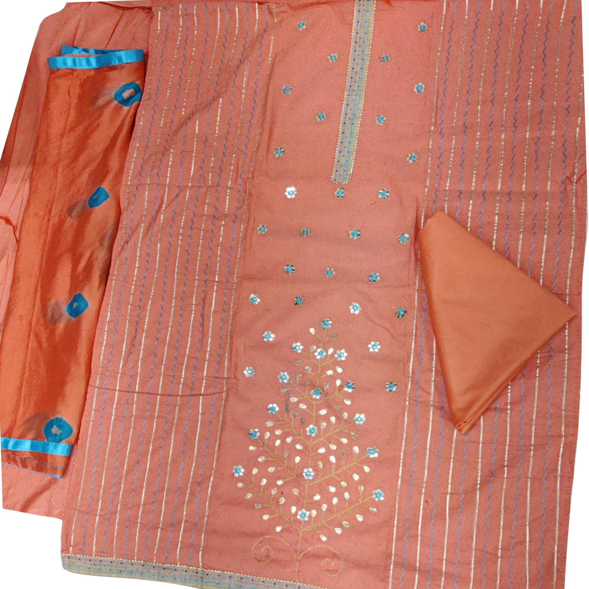Alluring Peach Colored Festive Wear Embroidered Handloom Cotton Dress Material - Peachmode