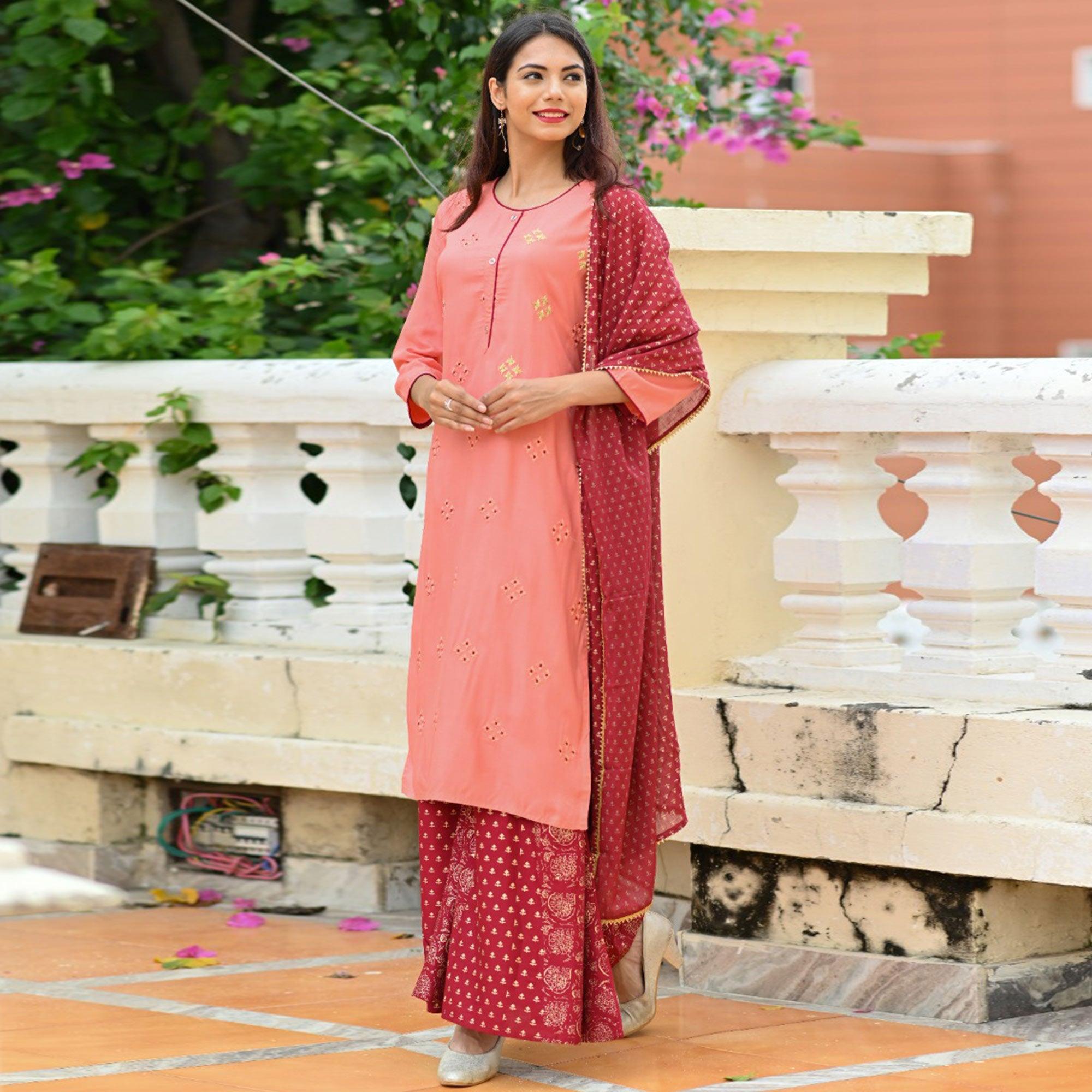 Alluring Peach Colored Partwear Foil Printed Rayon Kurti-Palazzo Set With Dupatta - Peachmode