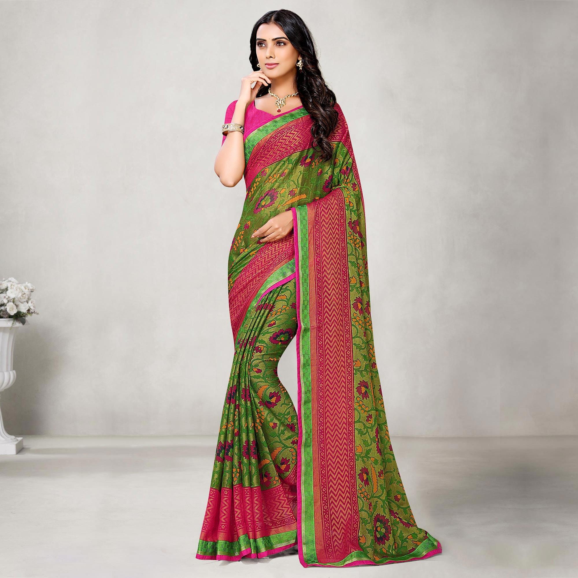 Alluring Peach Coloured Partywear Printed Chiffon Brasso Saree - Peachmode