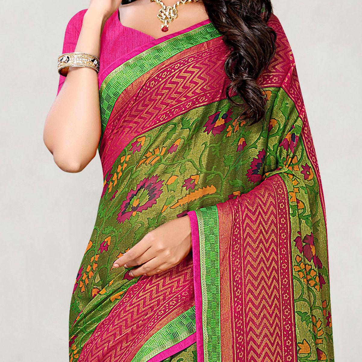 Alluring Peach Coloured Partywear Printed Chiffon Brasso Saree - Peachmode