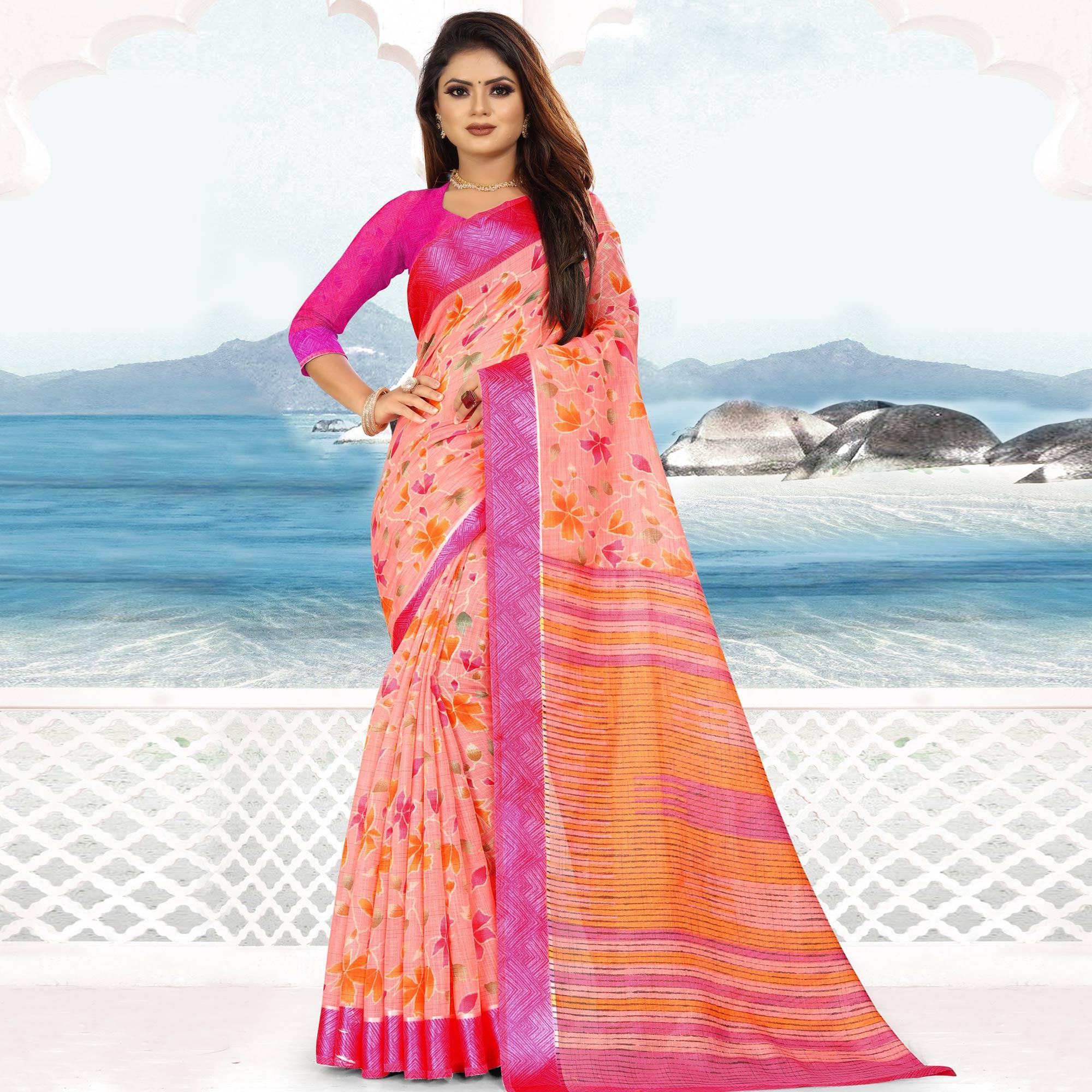 Alluring Pink Colored Casual Wear Floral Printed Linen Saree With Satin Patta Border - Peachmode